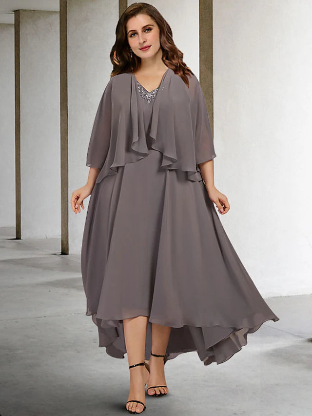 Two Piece A-Line Plus Size Curve Mother of the Bride Dresses Elegant Dress Wedding Guest Tea Length Sleeveless V Neck Chiffon with Beading